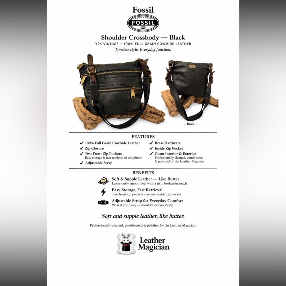 Fossil Y2K Black Leather Crossbody Shoulder Bag Cowhide Organizer Bag